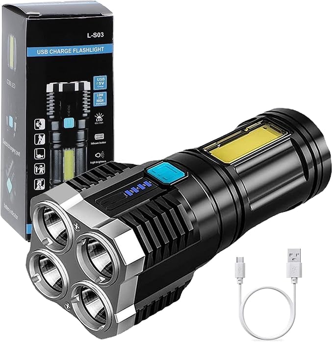 4 in 1 LED Torch Lights Rechargeable Emergency Torch Light 3W USB Charge Flashlight - High Power Long Distance Beam Range 4 Modes Torch for Outdoor, Indoor, Hiking, Walking